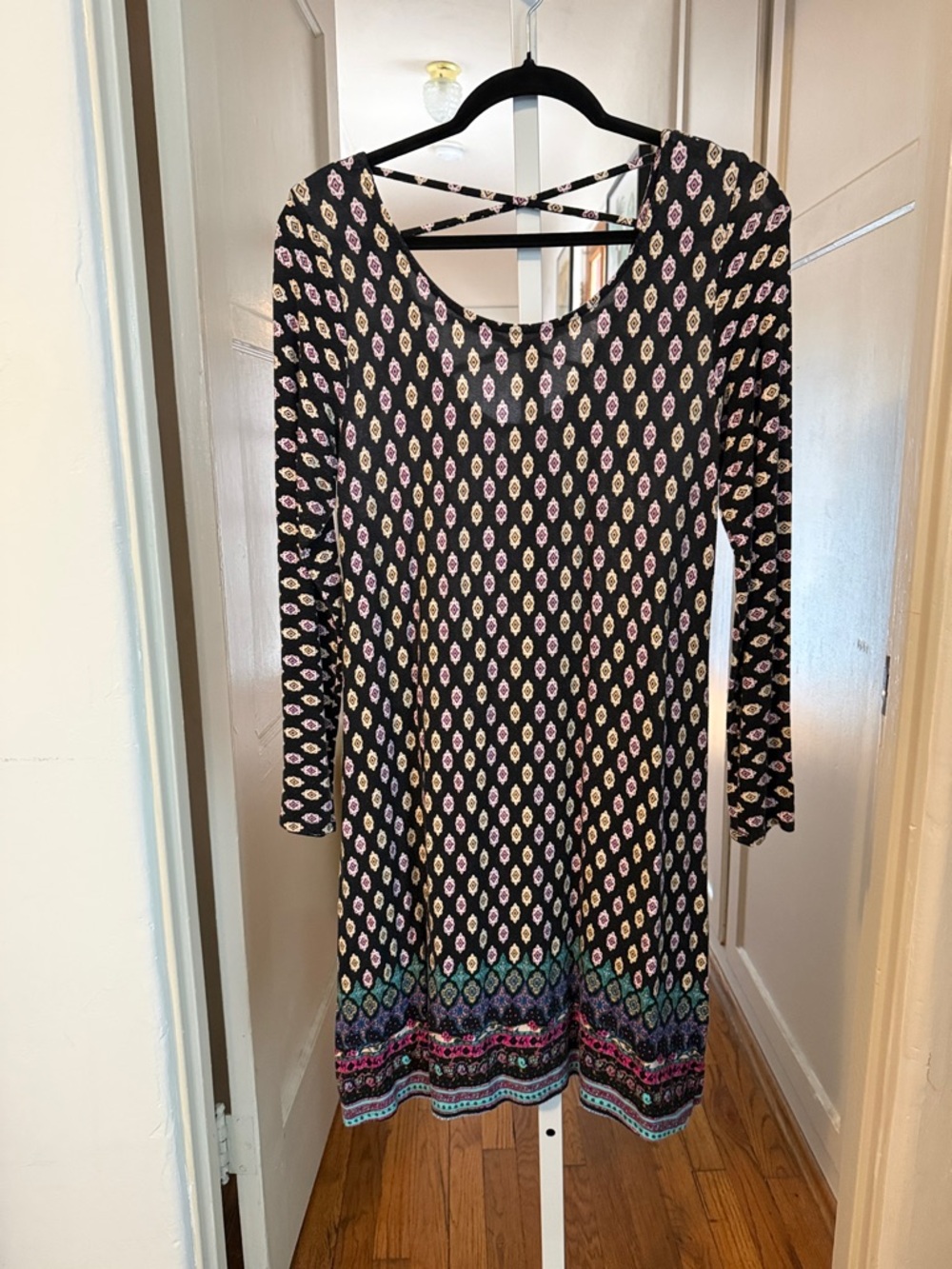Black Long-Sleeve Printed Swing Dress with Pink and Teal Accents